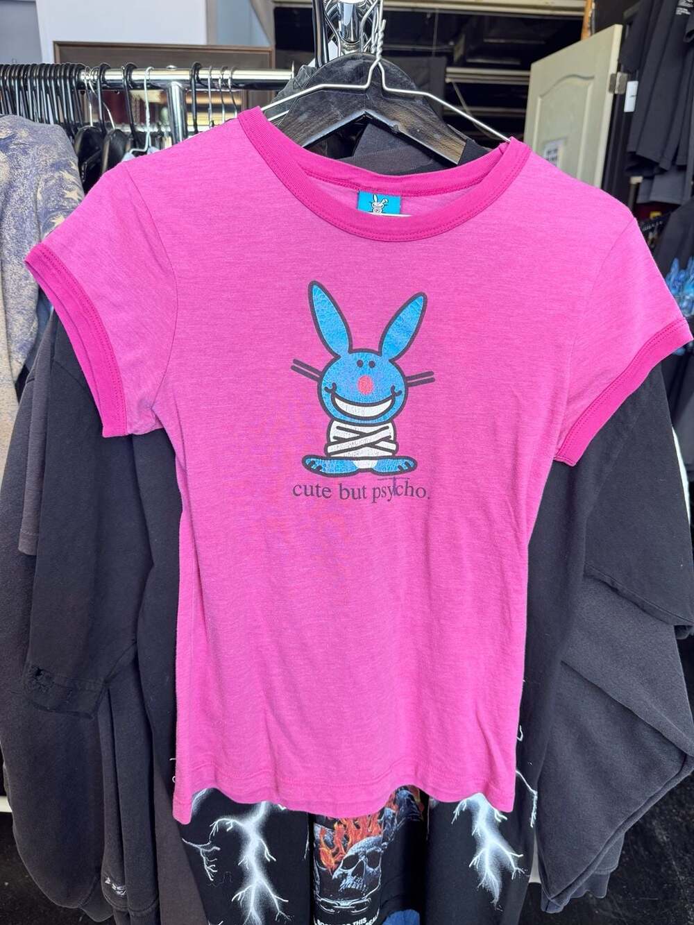 It's Happy Bunny Cute But Psycho Pink Ringer T-Shirt